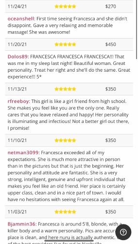 (615)861-7988 is Caucasianand offers nuru massages, asian massage, bodyrubs in Nashville and available for incall on rubrankings Hi guys, I'm Francesca!!
I’m an independent provider!
I am a sexy all natural European Beauty!
I'm blonde, green eyes, beautiful & smart....
MY PICS ARE 100% REAL!!!!
MY BODY IS ALL NATURAL!
I'm the real deal guys don't waste your time on scammers and fake profiles.

MY TIME :
MONDAY through FRIDAY 10am-8pm
SATURDAY and SUNDAY 11.30am-8pm

What’s available :
$170hh bodyrub
$250h bodyrub
$270hh nuru
$350h nuru
$450 VIP

You will definitely leave happy! 

I am here to please you with my soft hands and ready to make your heart race with my amazing skills.
420 FRIENDLY ;)

Donations accepted via CASH or CASHAPP.
*****cashapp donations will be charged an additional fee of 10$

TIPS ARE NOT REQUIRED, BUT GREATLY APPRECIATED!

Disclaimer: I am not a Imt. I do this for entertainment purposes only.

*** I only work from this website so if you see other ads around using my pics it’s not me ***