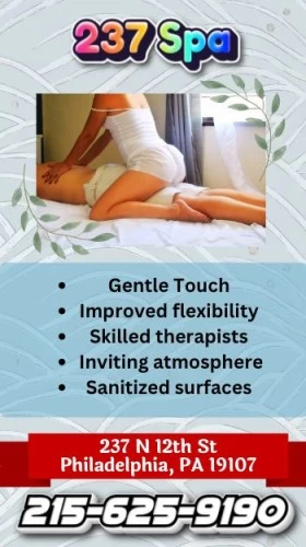 (215)625-9190 is asianand offers nuru massages, asian massage, bodyrubs in Philadelphia and available for incall on rubrankings Experience the Ultimate in Relaxation with Our Asian Body Rub Massages

   • Let our experienced therapists soothe away your stress and tension with our body rub massages
    •Benefit from improved circulation, reduced muscle tension, and enhanced overall well-being with our range of massage techniques
    •Enjoy our calm and peaceful spa environment, designed to promote relaxation and rejuvenation
    •Choose from a variety of massage techniques, including Swedish, Deep Tissue, and Hot Stone, tailored to your specific needs
    •Our Asian-inspired massages will leave you feeling relaxed, rejuvenated, and refreshed
   
Book now and treat yourself to the ultimate pampering experience for your body and mind.

•Personalized attention
•Calming fragrances
•Quality products
•Professional environment
•Experienced staff
•Clean facilities
•Customer satisfaction guaranteed

237 N 12th St Philadelphia, PA 19107