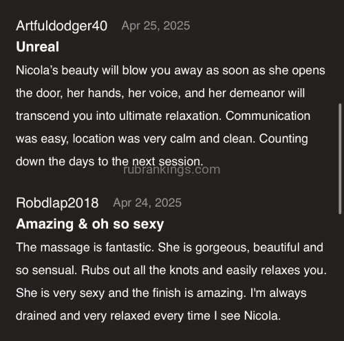(619)974-1333 is 0and offers nuru massages, asian massage, bodyrubs in San diego and available for incall on rubrankings 🌟🤩 CHECK OUT MY REVIEWS! 🤩🌟 

(I don’t take appointments past 4pm so please schedule accordingly) 🥰

Hiiii babe! 💕😘😍 

I’m Nicola, a playful, petite sensual yoga instructor dedicated to making every moment with you unique and spontaneous. I’m 5’3 petite, in shape and VERY flexible 😈

I’m in a cozy upscale spa in Miramar with 
-Warm massage bed
-Warm unscented oil
-Hot towels
-Serene music 
-Candle lit room 
-Restroom 

Good hygiene and your satisfaction are 
my top priorities, ensuring a safe and delightful session. 🥰 Can’t wait to get my hands on you!! 
Text me 💗
(619)974-1333

15 min $160
30 min $200
60 min $300

🔅 Nuru massage 🔆 
(Session on comfortable queen mattress)
$300 half hour 
$400 hour 

CASH ONLY PLEASE ☺️

When texting me please include your 
✔️name 
✔️age 
✔️profession 
✔️desired time of session and length 