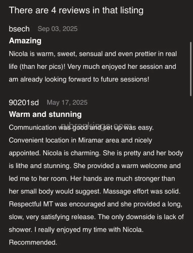 (619)974-1333 is 0and offers nuru massages, asian massage, bodyrubs in San diego and available for incall on rubrankings 🌟🤩 CHECK OUT MY REVIEWS! 🤩🌟 

(I don’t take appointments past 4pm so please schedule accordingly) 🥰

Hiiii babe! 💕😘😍 

I’m Nicola, a playful, petite sensual yoga instructor dedicated to making every moment with you unique and spontaneous. I’m 5’3 petite, in shape and VERY flexible 😈

I’m in a cozy upscale spa in Miramar with 
-Warm massage bed
-Warm unscented oil
-Hot towels
-Serene music 
-Candle lit room 
-Restroom 

Good hygiene and your satisfaction are 
my top priorities, ensuring a safe and delightful session. 🥰 Can’t wait to get my hands on you!! 
Text me 💗
(619)974-1333

15 min $160
30 min $200
60 min $300

🔅 Nuru massage 🔆 
(Session on comfortable queen mattress)
$300 half hour 
$400 hour 

CASH ONLY PLEASE ☺️

When texting me please include your 
✔️name 
✔️age 
✔️profession 
✔️desired time of session and length 