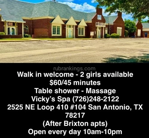 San antonio BodyRubs Offered By (726)248-2122 | Bodyrubs (726)248-2122 is Mixedand offers nuru massages, asian massage, bodyrubs in San antonio and available for incall on rubrankings ๐๐๐ NEW girls 2 New ladies Beautiful Available every day ๐ฏ% Guaranteed  mixed and Asian and  Latina
๐
ฐ๐
๐
ฐ๐
ธ๐
ป๐
ฐ๐
ฑ๐
ป๐
ด 10AM to 10PM   OPEN EVERY DAY 
 
โ๏ธ (726)248-2122 โ๏ธ     
VICKYโS SPA  (Walk - in Welcome)
2525 NE  410 Loop #104
San Antonio, TX 78217
(After Brixton Apartment turn right next to Diamond show club)
 $ 60 for 45 minutes Include: 
๐ Massage. ๐ Table Shower 
๐ Heat Pad  ๐ Nice music
๐ Treatment ๐Relaxation
๐๐ง Inside 
 ๐ฟ๐ฟ๐ฟPrivate and Clean room๐ฟ๐ฟ๐ฟ
๐๐๐บ๐Beautiful 2 girls ๐ ๐๐Try a new girl or your favorite. 
โค๏ธ We meet all your needs 
โฅ๏ธ Best enjoyment and relaxation 
โค๏ธ 100% entertaining and open minded 
โค๏ธ You will not be disappointed 
โค๏ธ Discreet and clean location 
โจโค๏ธโจโค๏ธโจโค๏ธโจโค๏ธโจโค๏ธโจโค๏ธโจโค๏ธโจ