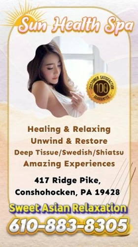 Philadelphia BodyRubs Offered By (610)883-8305 | Bodyrubs (610)883-8305 is 0and offers nuru massages, asian massage, bodyrubs in Philadelphia and available for incall on rubrankings HOURS
MON-SUN 9AM to 11PM
☀️ Embark on a rejuvenating journey at Sun Health Spa, where wellness and serenity await you 🌿🌞
🙌 Our highly skilled therapists are trained in an array of healing techniques, ensuring exceptional care 👩⚕️
🌼 Luxuriate in tranquil massages and treatments inspired by the healing power of the sun's rays 🌺✨
🎶 Immerse yourself in a serene atmosphere, where soothing melodies and fragrances envelop your senses 🎵🌸
💆♀️ Drift away as stress melts away through customized treatments tailored to your specific needs ⛱️
🌟 Experience the therapeutic benefits of holistic approaches and the rejuvenating touch of our experts ✨👐
🌞 Replenish your energy and revitalize your overall well-being, fostering a harmonious state 🌱⚡
🔮 Unearth the ancient secrets of wellness traditions, curated to provide you with ultimate relaxation 📚🌼
💫 Embark on a transformative healing journey at Sun Health Spa, where tranquility meets rejuvenation ☀️💆♂️