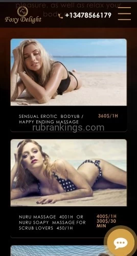 New york BodyRubs Offered By (347)856-6179 | Bodyrubs (347)856-6179 is Caucasianand offers nuru massages, asian massage, bodyrubs in New york and available for both on rubrankings Nuru Delight parlor - It s time for relax ! We offer Erotic massages , nuru , tantra massage , sensual erotic massage bodyrub , Erotic Loni massage , erotic soapy scrub Manhattan NYC
Welcome! In our massage parlor «Nuru Delight» a lot of pleasures will cover you with a sensual atmosphere. We are expanding the boundaries and limits of relaxation! Erotic massage salon «Foxy Delight» was created to give pleasure.More than 20 erotic programs, with unique, top-class masters.Here you will be able to reveal the secret of erotic relaxation, if you allow yourself to visit our salon Foxy Delight.Additional services complement your program with vivid feelings.You will be pleasantly surprised by our interior, which is not repeatable in our city.Huge spacious rooms. Iridescent hydro massage with all the colors of the rainbow.A place where you can forget yourself and get lost.
https://www.nuru.foxydelight.com/
tel: +1 (347) 856-6179