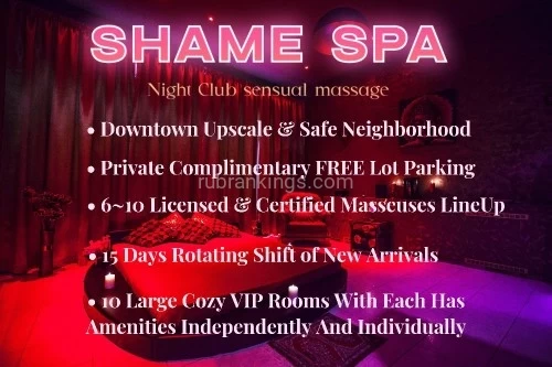 (773)708-2950 is asianand offers nuru massages, asian massage, bodyrubs in Chicago and available for incall on rubrankings < Shame Spa > is a bold attempt but the most creative marriage of “House” and “Massage | Spa Parlor” incorporating with “Night Club” inspiration, where you’ll enjoy the house hotties’ pamper in parlor, and enjoy the parlor pro masseuses’ treatments in house, and be surrounded by night club’s fantasy ambiance. Our company’s ambition and slogan is “Feast of Line Up” & “Symphony of Treatments” & “Carnival of Senses”. We sincerely regard what we’re doing as the challenged “Science” and the fascinating “Art”.



Our Innovative Epic Concept Is Accompanied By:

•	Downtown Location, One of The Most Prosperous, Most Upscale, Most Convenient, And Safest Neighborhood, With Our Own Private Complimentary FREE Lot Parking.

•	The Largest Investment + The Largest Space + The Most Expensive Architect & Décor + The Most Advanced Equipment & Facilities.

•	Steam Sauna Room + Jacuzzi Tub + Standing Shower Room + Table Shower Room + Water Air Mattress + Tatami Bed + Massage Mattress + Relaxed Couch.  ( We have 10 VIP-Rooms, EACH ROOM EMBRACES ALL THESE FACILITIES INDEPENDENTLY!  YOU WON’T NEED TO SHARE WITH OTHERS! )


•	Ethnic Diversity + Pure Authentic Lineage + Crazy Big Line Up + Unbeatable Quality of Candidates + Certified & Licensed & Passionate Genius + 15 Days Rotating Shift of New Arrival = Di Da Di’s Unique Screening & Scheduling on Masseuses.

•	The Most Professional Operating Team & Managing Team Directed by The Most Powerful Legit Company Together with Our Genius Founder, CEO.

•	The Most Inspired & Positive Culture + The Most Ambitious Vision + Keeping Our Sights Firmly Set on Company’s Success.

•	The Most Valuable & Lowest Price for The “Summit of Quality” & “Top-Notch Service” & “World-Class Phenomenal Experience”.


Let the “Shame” Stimulate Your Inner Animal Desire @ 773-708-2950

Official Hours: 10:00am ~ 1:00am Every Day ( Except Friday & Saturday 10:00am ~ 2:00am )
