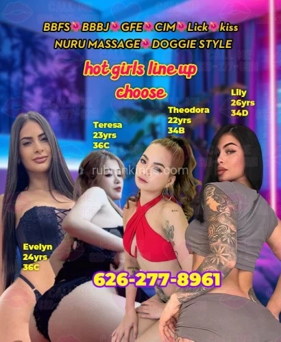 Los angeles BodyRubs Offered By (626)277-8961 | Bodyrubs (626)277-8961 is 0and offers nuru massages, asian massage, bodyrubs in Los angeles and available for incall on rubrankings Welcome to use the gun between your legs shoot our BBFS girls hard~
We patiently help you load the bullets with my mouth,hands and vaginal!
Every girl is elegant and radiant, with skin that glows and a heart that shines brighter. 
Each gal treats every guest with patience and attention, never offering anything less than her best.The girl's skin is like velvet, and her eyes sparkle with kindness. She never pretends to care. Her service is as beautiful as her smile.
Girls' Information
🌶Evelyn: 24yrs 36C 5'4
💥🟡Unique BBBJ: Offer you some wet and wild action! My agile, snake-like tongue will tease and twist inside your sheath, driving you to the brink of ecstasy!🍆
💥🟡Unique HJ: Use skilled hands to stroke and squeeze your "Dragon's Staff," until it's rock hard and ready for action. ♋
 
🌶Teresa:23yrs 36C 5'3
💥🟡Unique body lick: Relish the moment as she kisses you passionately, her hands roaming your body,from your back to your ass and toes.👅
💥🟡Unique shower together: After you finish, I'll gently clean your cock with my mouth!👅 
🌶Theodora:22yrs 34B 5'4
💥🟡Unique ASS SMACKING: Lift my fat ass up,clap my ass loudly,do the piston movement hardly.Make my Twist like a snake.👅
💥🟡Unique Nuru massage: Me lying on you, my soft boobs rubbing your hard chest, my tits tickling your nipples😜
🌶Lily: 26yrs 34D 5'4
💥🟡Uniquer HORNY VOICE: Moaning loudly as your massive cock slides deeper and deeper,feeling every inch stretch and fill me completely, driving me wild with pleasure.😘
💥🟡Unique Kissing: I'll kiss and suck your lips as if they're the sweetest dessert, making you crave more with each passionate lick and gentle nibble.🐕
💥🟡Unique GFE: A beauty with velvety soft skin and a stunning face will indulge and satisfy you, ensuring you're completely at ease and blissfully relaxed.💦
💥🟡More special service waiting for you❗❗❗
📞📞:626-277-8961