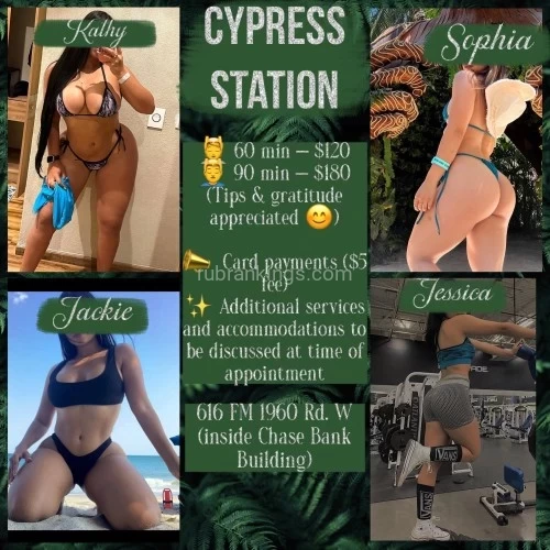 (832)322-2148 is Latinoand offers nuru massages, asian massage, bodyrubs in Houston and available for incall on rubrankings We don’t do filters or fantasy — we keep it real. Our photos actually look like us, imagine that! 😉 

No dysmorphia here, just certified therapists with a magic touch🔥  

Come see why everyone’s copying but no one’s matching the vibe. 

📸 no disappointment😘 
🔥4 hands available! 
🔥 We can accommodate to your requests😉  

💚 CYPRESS STATION 💚 
📍 616 FM 1960 Rd. W 
(inside the Chase bank building)

✅ 60min x $120  
✅90min x $180  
🔅Gratitude Appreciated ( CASH ONLY😊)   
✅CREDIT AND DEBIT CARDS($5 fee)  
✅ApplePay 
✅Zelle   

🚫No vulgar text/call