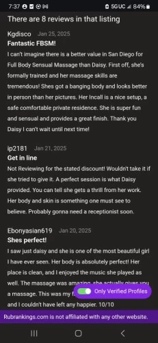 (619)675-6195 offers Bodyrubs in San Diego,California (619)675-6195 is ethnicity_Blackandoffers nuru massages, asian massage, bodyrubs in San Diego and available for service_location_incallon rubrankings Hello gentleman, my name is Daisy love. I want to thank you for stopping by my profile 🥰. My goal is to provide a safe space for you to enjoy while i relieve all your stress and for you to express all your desires without judgement.
I'm originally from Africa so I don't have the same attitude or demeanor as most women from here. I'm easy going, VERY feminine with a bubbly personality
and I truly enjoy bringing you the ultimate relief!
Come visit me in my new penthouse suite in downtown. promise the vibe will not disappoint!
🅿️FREE GARAGE PARKING 🅿️ 
ONLY 2 exclusive time slots available daily to give you my full attention.💋
My FULL-BODY SENSUAL MASSAGE offers a luxurious, intimate, & deeply relaxing experience, set in a spa-like ambiance with soft candlelight & soothing atmosphere.
I have been on here for almost 1 year
⚠️I'm verified ⚠️
So yes, I'm a real person 
and I have reviews.
Unfortunately I have dealt with a lot of different people who have caused me to create this disclaimer:
⚠️⚠️⚠️ PLEASE READ ⚠️⚠️⚠️
I do not see anyone who:
*has open sores / heavy acne
*Bad hygiene ( can shower at arrival )
*Obese 
I IMMEDIATELY ❌BLOCK❌ ANYONE WHO:
*asks for more pictures over text 
*Sends me nasty pictures 
*Asks about VIP over text
(Book an appointment we can talk)
I'm not hurting for money , PLEASE understand 
I do this cause I LIKE TO, not cause I have too.
You ABSOLUTELY must be a gentleman and respect my requirements:
⭐Send me your name, age, race & occupation 
TEXT ONLY
☎️ (619)675-6195
Same day appointments only for 1st time visitors 
*After 1st visit you can request.
$75 deposit required appointments 
✨ NOVEMBER SPECIALS✨
Topless 
30min 150
60min 200
90min 250
Nude
30min 175
60min 225
90min 300
⭐15MIN EXTENSIONS AVAILABLE  +50⭐
          
🅿️PARKING INCLUDED 🅿️
Tips welcome, but not expected😘
Cash preferred 
Venmo available